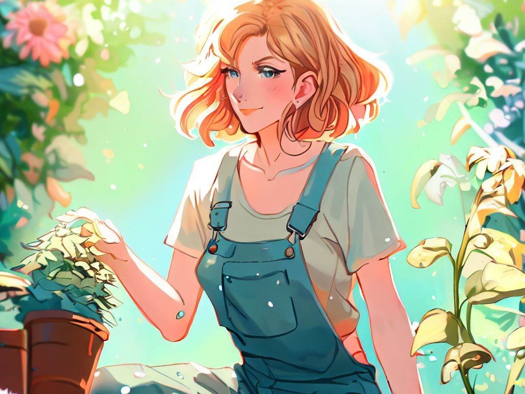 anime style image of female gardening