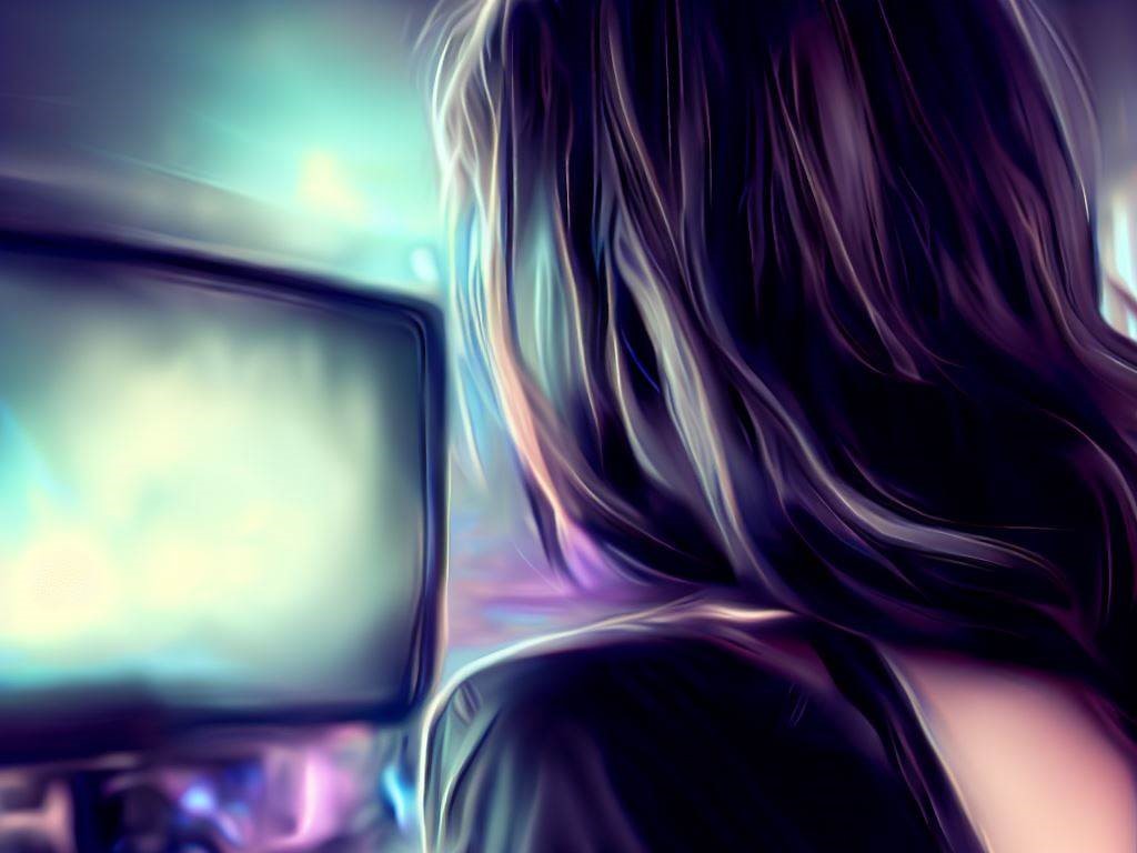 girl looking at glowing pc monitor digital art