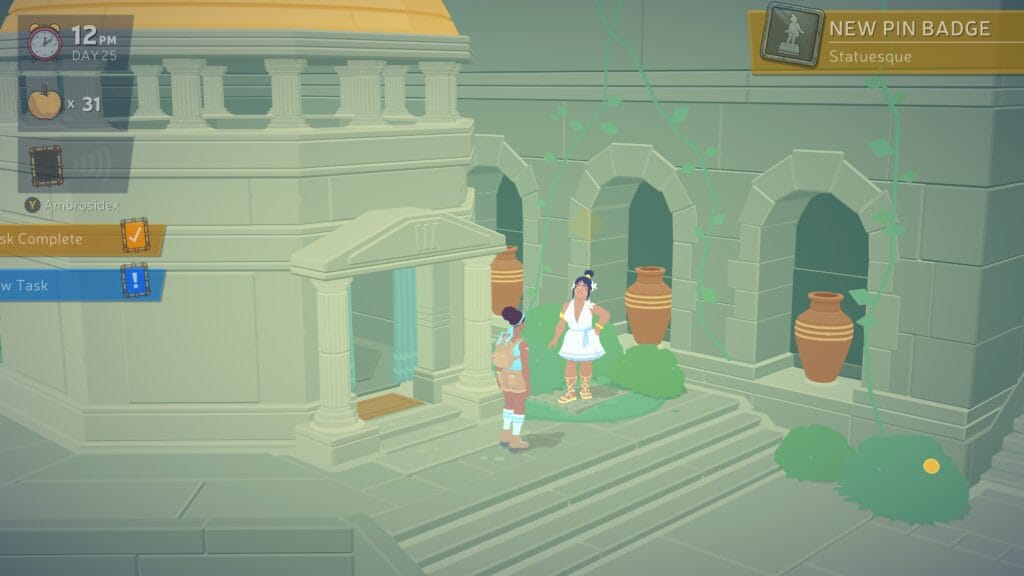 Classic Greek buildings with archways. Clay pots sit under each arch and there are scattered green shrubs with round yellow fruit. Two women stand talking, one a black backpacker and the other a Greek goddess in a white dress and gold sandals.
