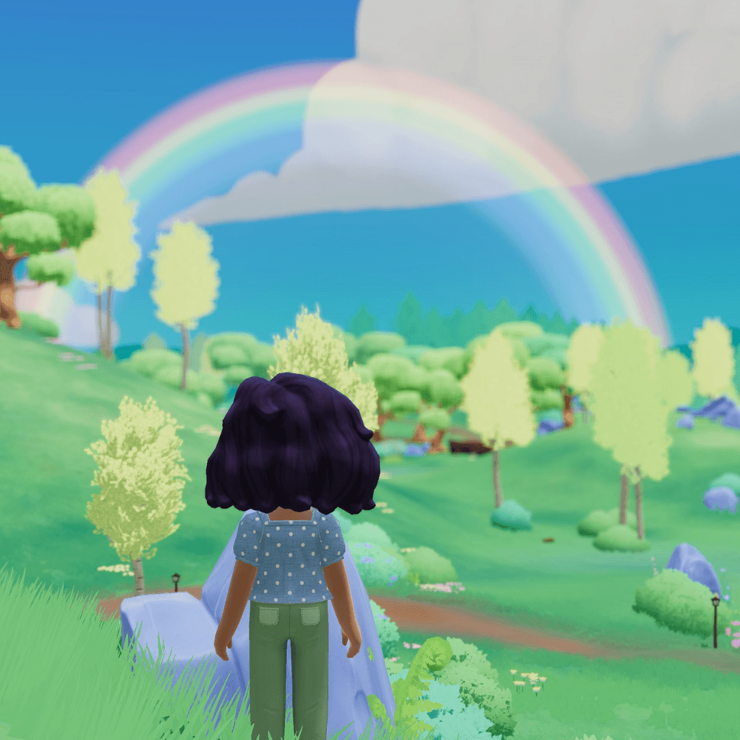 Paleo Pines paleo pines game girl character standing in a green meadow looking at a rainbow