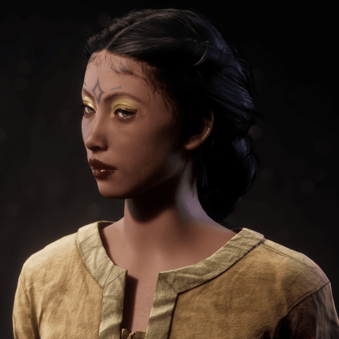 Pax Dei female with Asian features with a long black braid gives side eye to the camera