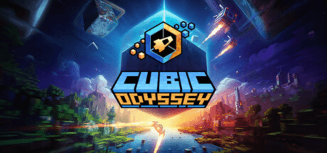 cubic odyssey logo and voxel art landscape