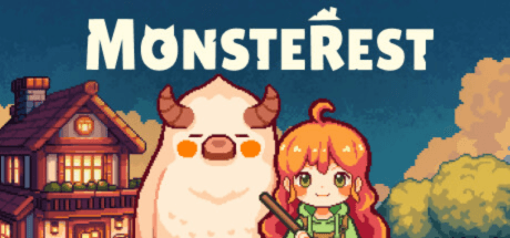 monsterest logo and a girl and white monster with horns in front of an inn