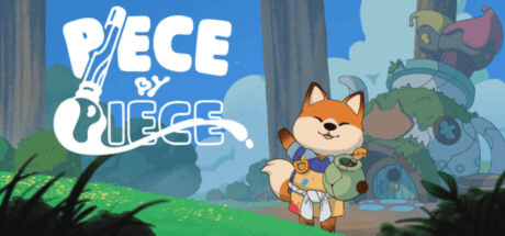 piece by piece logo and small fox holding broken vase that is glued together