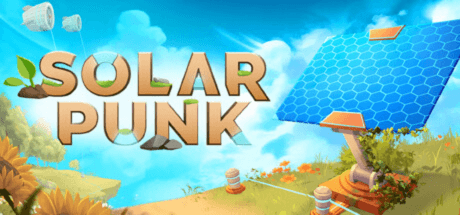 solarpunk logo with solar panel on floating island