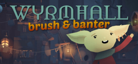 wyrmhall brush and banter logo and a small child with big pointy ears in a marketplace