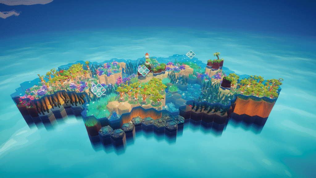 A mixture of biomes on a hex map, with blues and greens filling the landscape