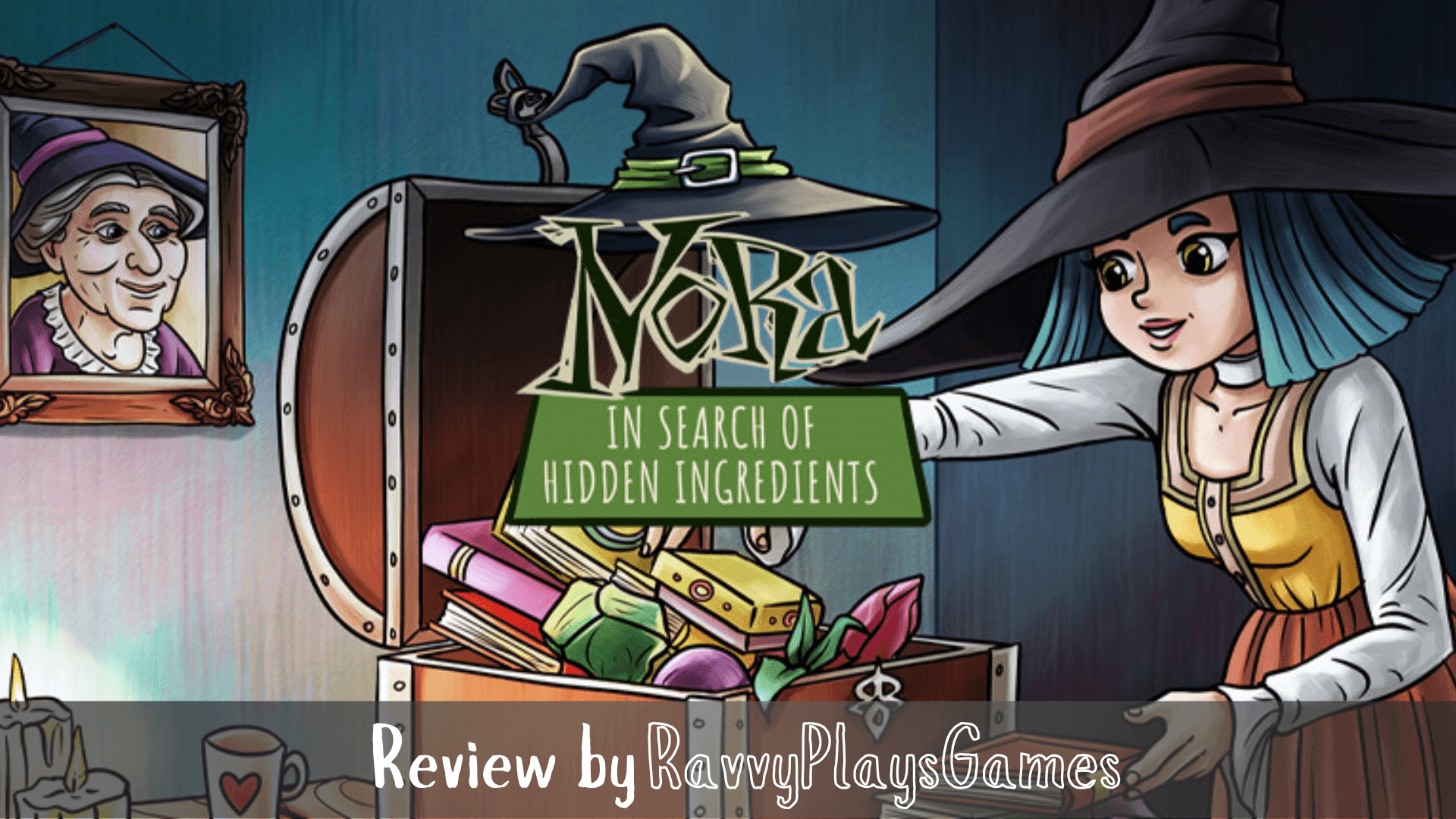 a young witch searches in a chest full of books and potion ingredients