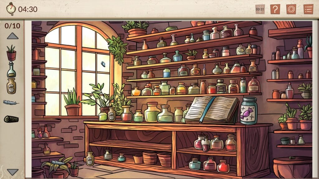 screen shot from Nora In Search of Hidden Ingredients of a hand drawn scene with a wall of shelves filled with various potion bottles